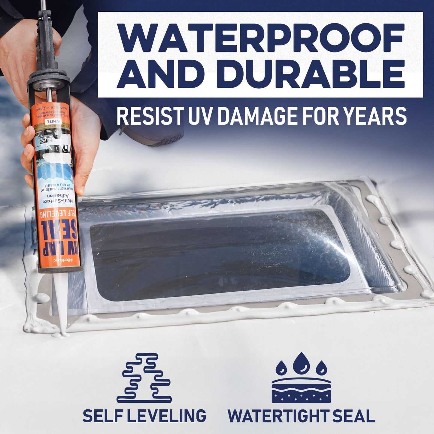 Berkland RV Roof Sealant - Self-Leveling, Waterproof, UV-Resistant, Ideal for Roof Repair, Lap Sealing, and Caulking - Perfect for EPDM, TPO, PVC, Metal - 10.3 Oz White
