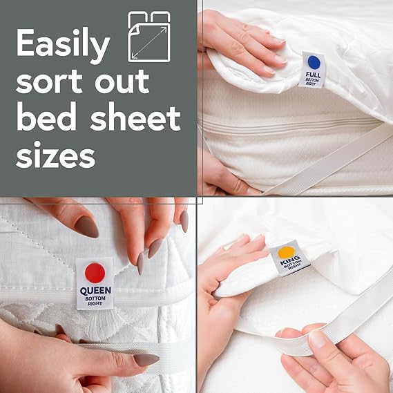 Berkland SheetSnaps Bed Sheet Corner Labels – Know Which Way The Sheets Go for Easy Bed Making – 6pk- Color-Coded, Snap-On Tags for Size Identification – Laundry Hack, Machine Washable Sheet Organizer