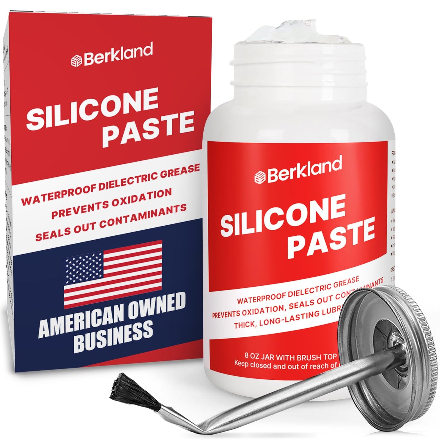 Berkland Silicone Paste Waterproof Dielectric Grease for Electrical Connectors, Spark Plugs, Automotive O-Ring Sealant, Brake Lube & Plumbers Silicone Grease with Lid Brush (8oz)