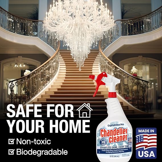 Berkland Chandelier Cleaner Drip Dry Spray - No Wipe Formula for Effortless, Streak-Free Shine on Crystal, Glass & Brass - Sprays up to 25 feet! Biodegradable, Non-Toxic & Time-Saving, 32 oz - Made in USA