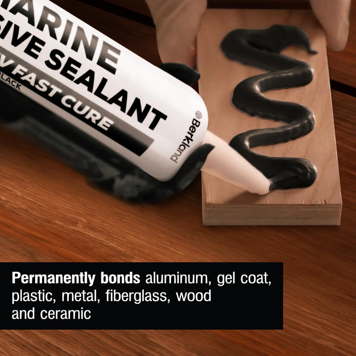 10 oz Marine Adhesive Sealant 5200 Fast Cure (Black) - Permanent, Watertight Bonding and Sealing - UV Resistant, Above &amp; Below Waterline - Compare to 05203 and 06520 FC M - by Berkland