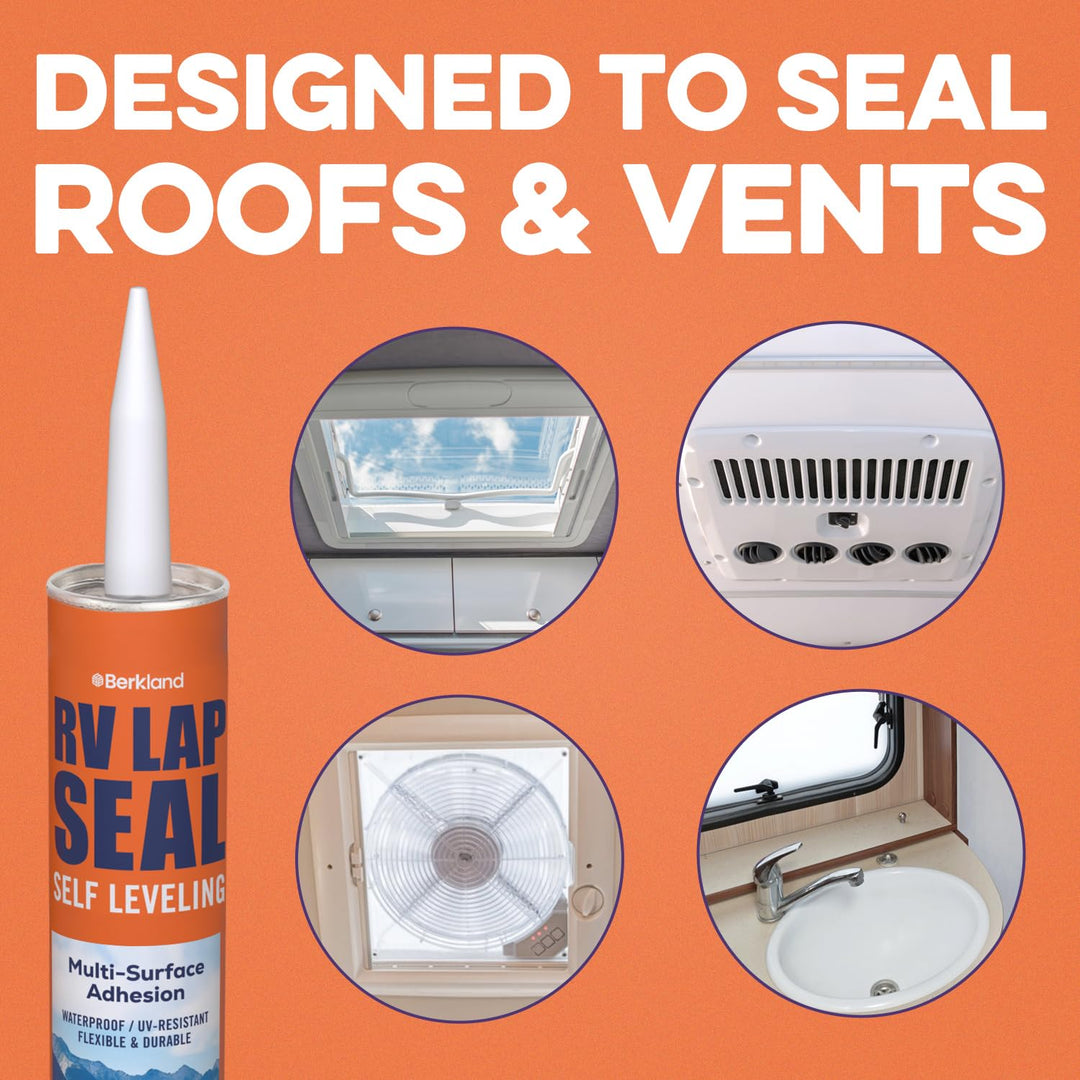 Berkland RV Roof Sealant - Self-Leveling, Waterproof, UV-Resistant, Ideal for Roof Repair, Lap Sealing, and Caulking - Perfect for EPDM, TPO, PVC, Metal - 10.3 Oz White