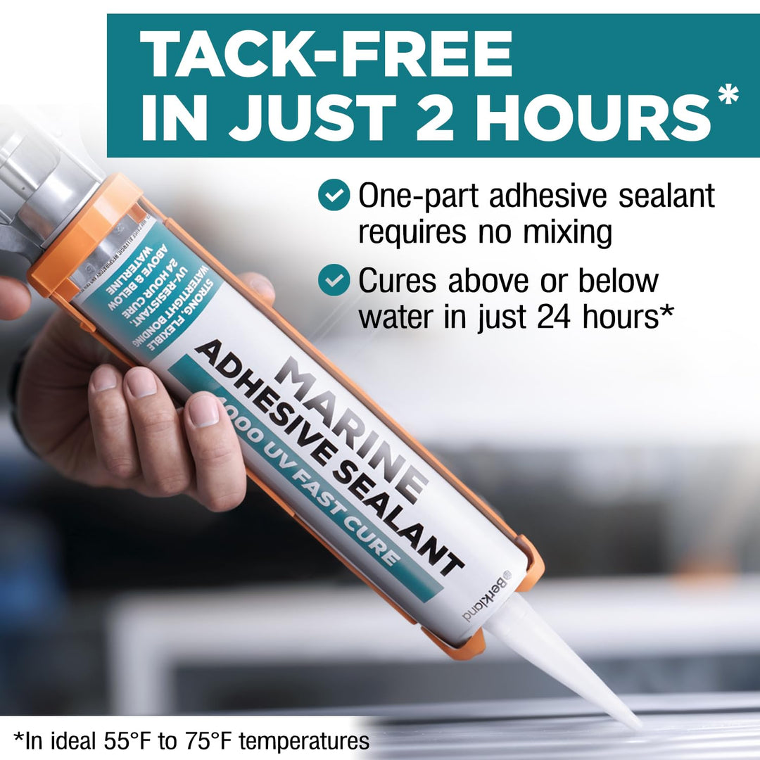 Berkland 10oz Marine Adhesive Sealant 4000/4200 - Fast Cure UV (White) - Semi-Permanent, Flexible Bonding - UV Resistant for Above &amp; Below Waterline Use