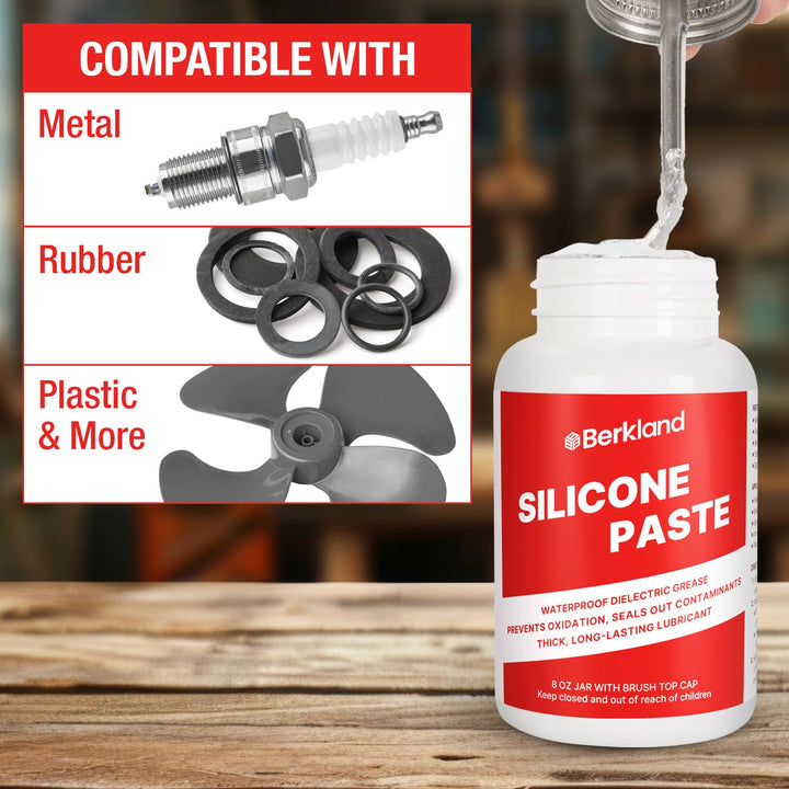 Berkland Silicone Paste Waterproof Dielectric Grease for Electrical Connectors, Spark Plugs, Automotive O-Ring Sealant, Brake Lube &amp; Plumbers Silicone Grease with Lid Brush (8oz)