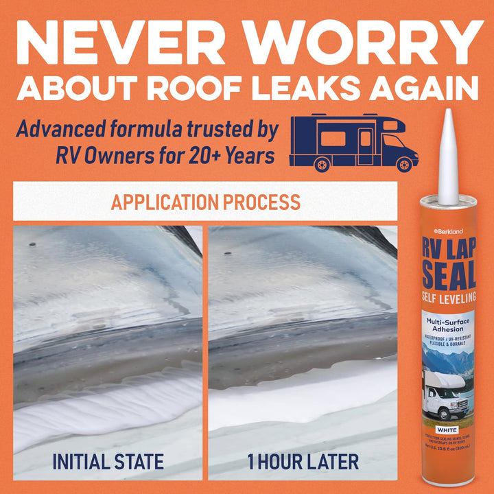 Berkland RV Roof Sealant - Self-Leveling, Waterproof, UV-Resistant, Ideal for Roof Repair, Lap Sealing, and Caulking - Perfect for EPDM, TPO, PVC, Metal - 10.3 Oz White