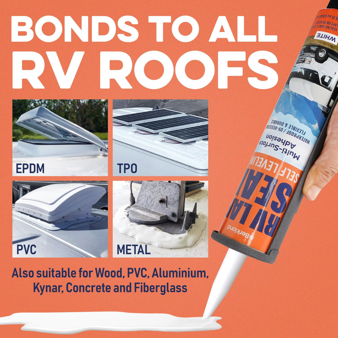 Berkland RV Roof Sealant - Self-Leveling, Waterproof, UV-Resistant, Ideal for Roof Repair, Lap Sealing, and Caulking - Perfect for EPDM, TPO, PVC, Metal - 10.3 Oz White