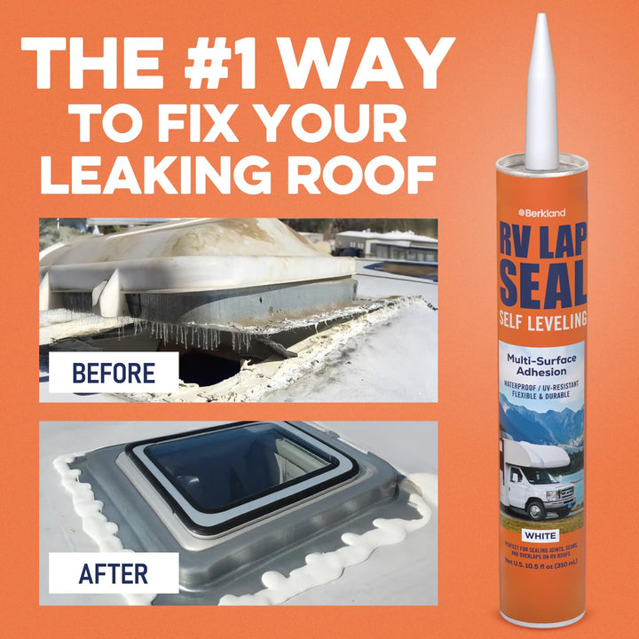 Berkland RV Roof Sealant - Self-Leveling, Waterproof, UV-Resistant, Ideal for Roof Repair, Lap Sealing, and Caulking - Perfect for EPDM, TPO, PVC, Metal - 10.3 Oz White