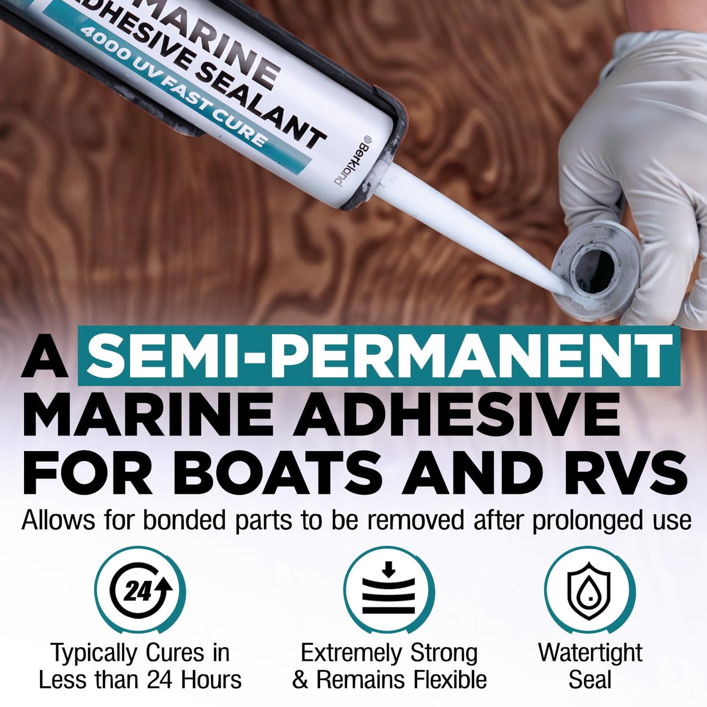 Berkland 10oz Marine Adhesive Sealant 4000/4200 - Fast Cure UV (White) - Semi-Permanent, Flexible Bonding - UV Resistant for Above & Below Waterline Use