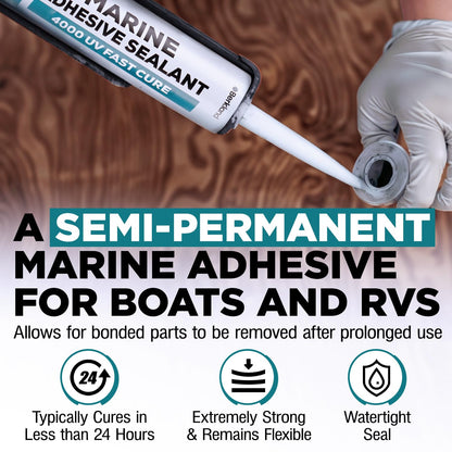 Berkland 10oz Marine Adhesive Sealant 4000/4200 - Fast Cure UV (White) - Semi-Permanent, Flexible Bonding - UV Resistant for Above & Below Waterline Use