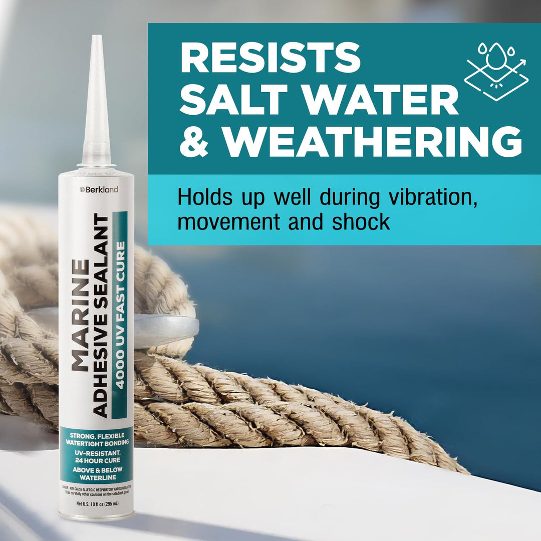 Berkland 10oz Marine Adhesive Sealant 4000/4200 - Fast Cure UV (White) - Semi-Permanent, Flexible Bonding - UV Resistant for Above &amp; Below Waterline Use
