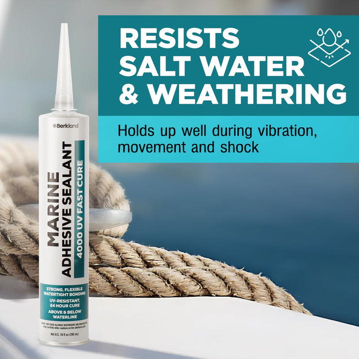 Berkland 10oz Marine Adhesive Sealant 4000/4200 - Fast Cure UV (White) - Semi-Permanent, Flexible Bonding - UV Resistant for Above &amp; Below Waterline Use