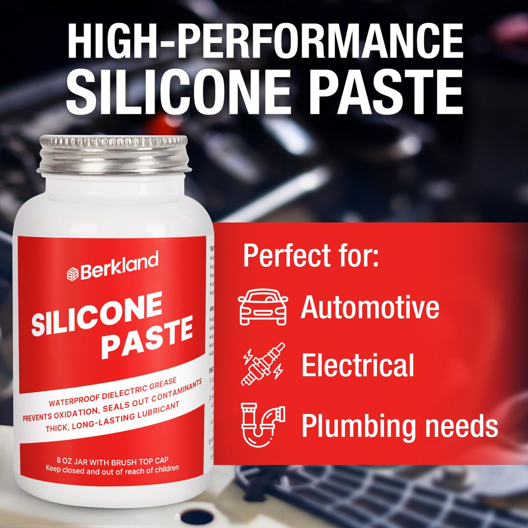 Berkland Silicone Paste Waterproof Dielectric Grease for Electrical Connectors, Spark Plugs, Automotive O-Ring Sealant, Brake Lube &amp; Plumbers Silicone Grease with Lid Brush (8oz)