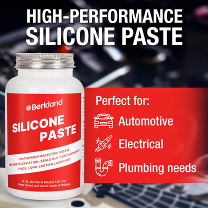 Berkland Silicone Paste Waterproof Dielectric Grease for Electrical Connectors, Spark Plugs, Automotive O-Ring Sealant, Brake Lube & Plumbers Silicone Grease with Lid Brush (8oz)