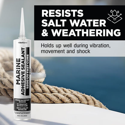10 oz Marine Adhesive Sealant 5200 Fast Cure (Black) - Permanent, Watertight Bonding and Sealing - UV Resistant, Above & Below Waterline - Compare to 05203 and 06520 FC M - by Berkland
