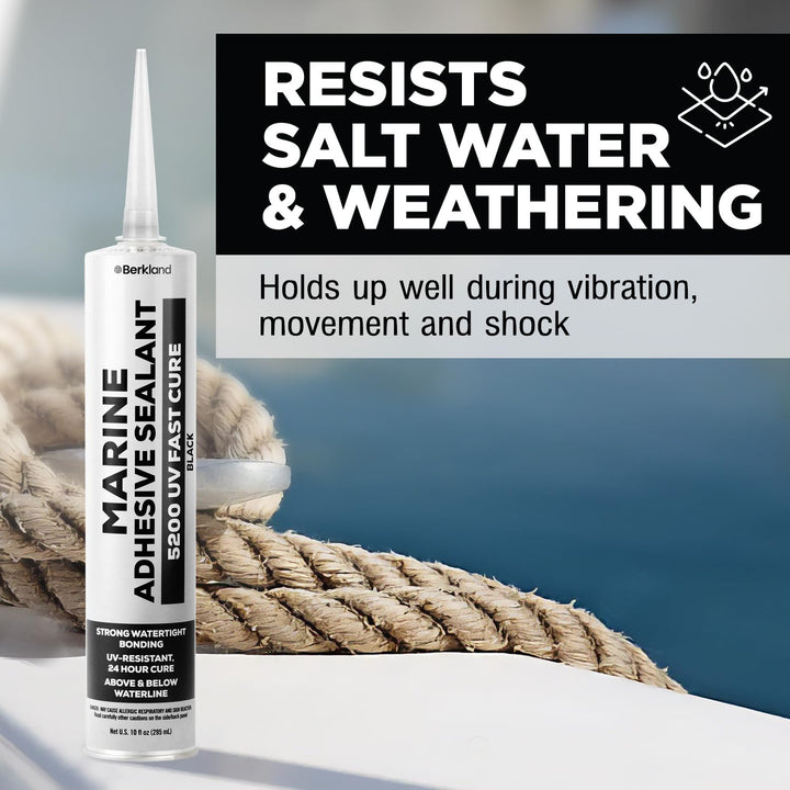 10 oz Marine Adhesive Sealant 5200 Fast Cure (Black) - Permanent, Watertight Bonding and Sealing - UV Resistant, Above &amp; Below Waterline - Compare to 05203 and 06520 FC M - by Berkland