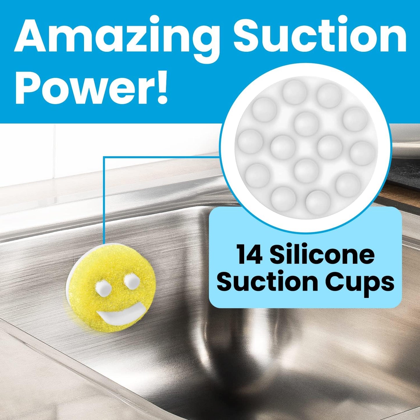 Berkland Sponge Holder for Smiley Scrub - 14 Suction Cups for Superior Stick | Kitchen Sink Caddy for Happy Daddy Face Sponge